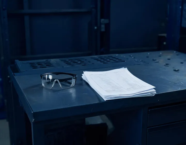 Unlabeled safety goggles on a PPE intake bench with a specification sheet