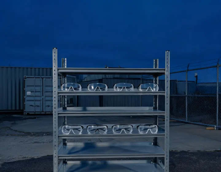 Jobsite PPE staging with unlabeled custom safety goggles
